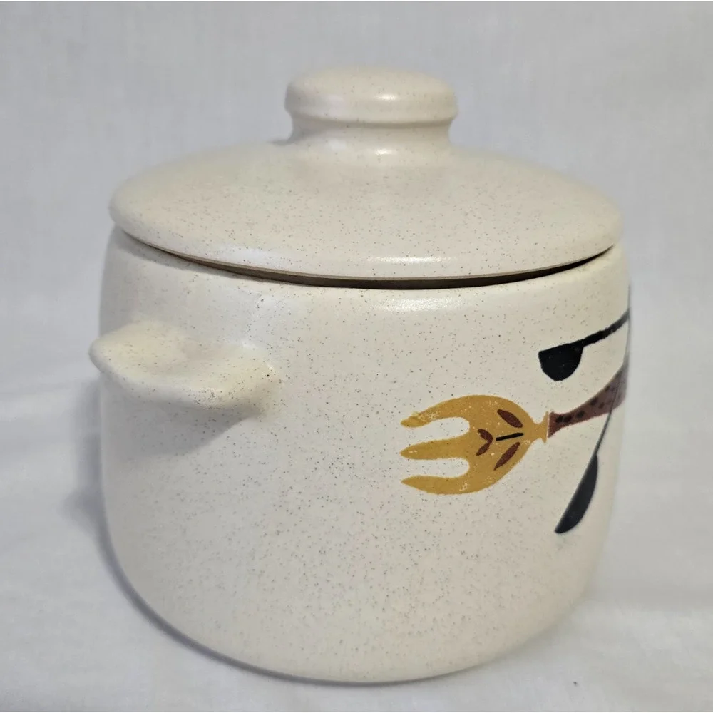 Vintage 1960's Westbend Stoneware Fork & Spoon Design Bean Dish with Lid